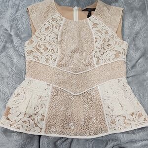 BCBGMaxAzria Tan Peplum Embellished Blouse